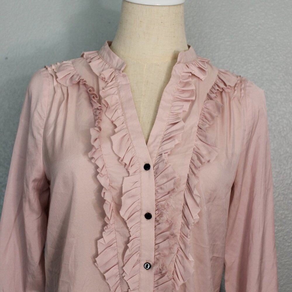 ZARA Basic Long Sleeve Ruffled Front Button Down … - image 2